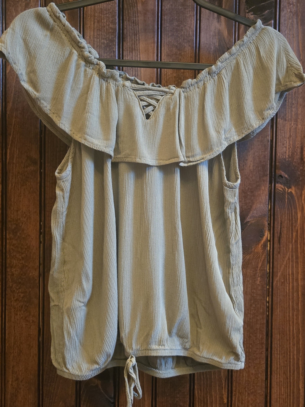 Off-Shoulder Ruffle Drawstring Tank Top - Sage Green By Moral Fiber